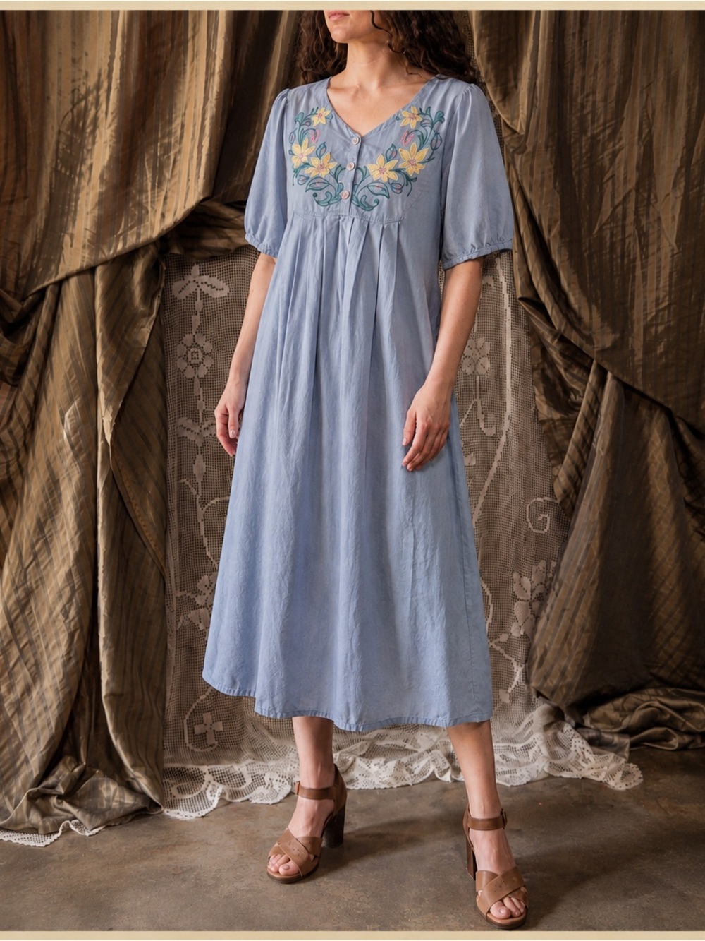 Vintage Light Blue Embroidered denim/chambray V-Neck Maxi/midi Dress